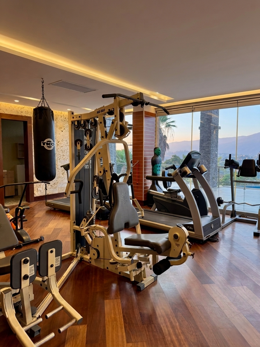 Private fitness center with professional TKO equipment, treadmill, recumbent bike and floor-to-ceiling windows showcasing Avila mountain views, La Trinidad estate Caracas